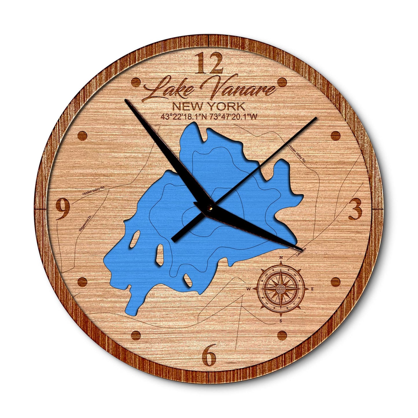 Lake Vanare, New York Layered Map Clock - Any Lake, Pond, or Reservoir - Unique Home Decor