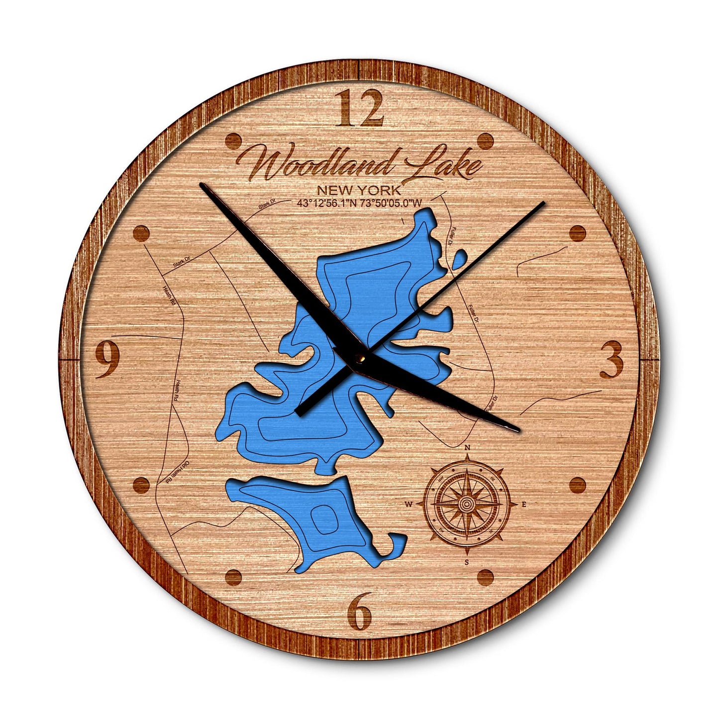 Woodland Lake in Corinth, New York 14in Layered Map Clock - Any Lake, Pond, or Reservoir - Unique Home Decor
