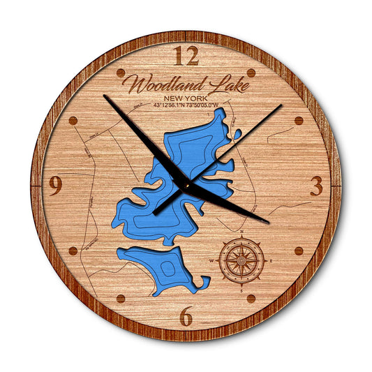 Woodland Lake in Corinth, New York 14in Layered Map Clock - Any Lake, Pond, or Reservoir - Unique Home Decor