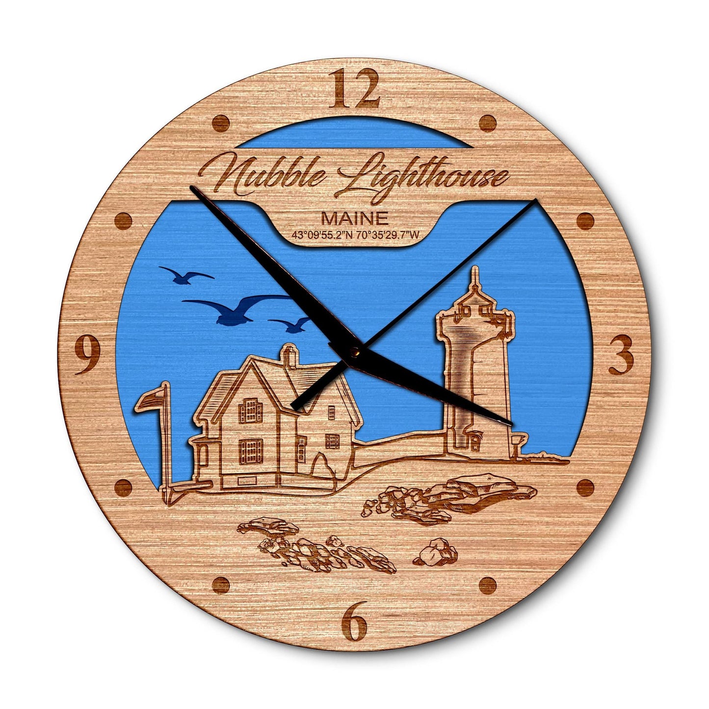 Nubble Lighthouse Maine 14in Layered Map Clock - Any Lake, Pond, or Reservoir - Unique Home Decor