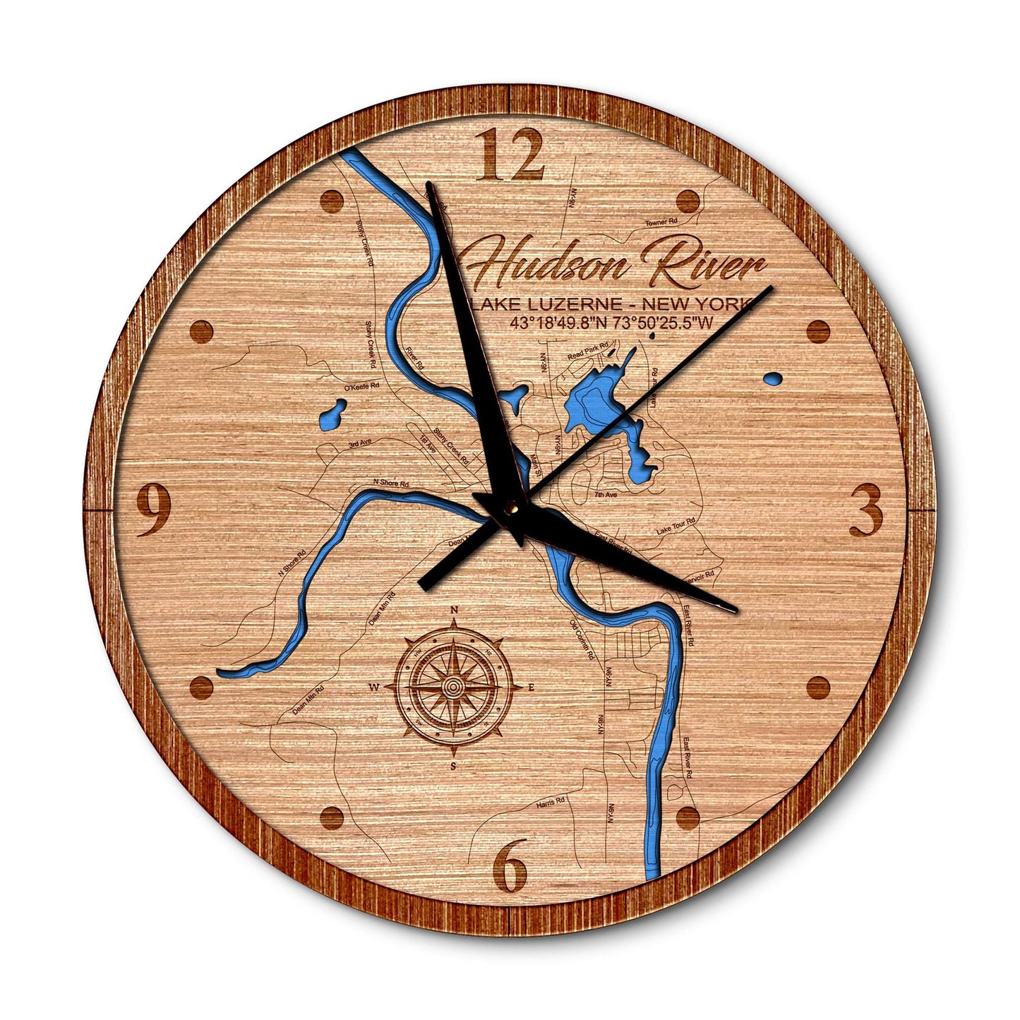 Hudson River in Lake Luzerne New York 14in Layered Map Clock - Any Lake, Pond, or Reservoir - Unique Home Decor