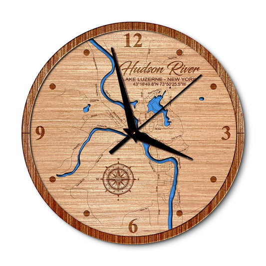 Hudson River in Lake Luzerne New York 14in Layered Map Clock - Any Lake, Pond, or Reservoir - Unique Home Decor