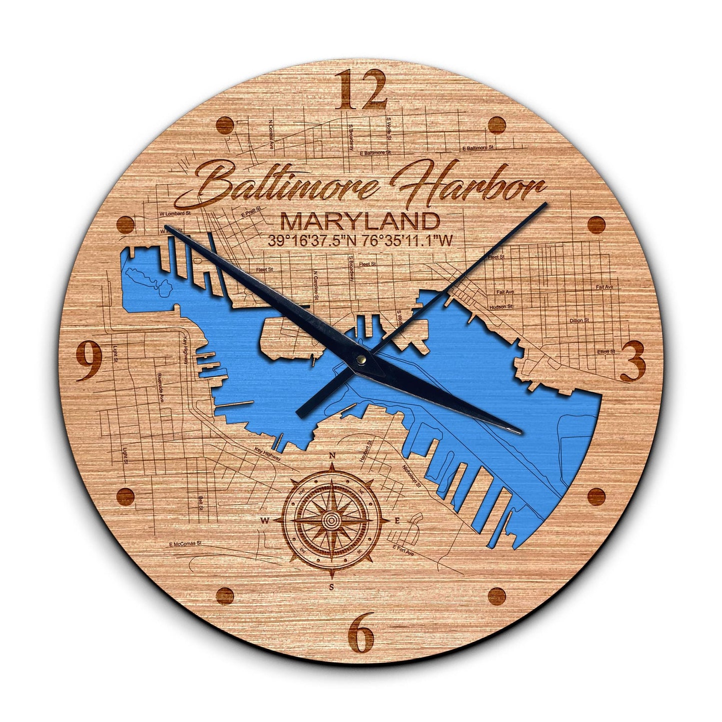 Baltimore Harbor Maryland 14in Layered Map Clock - Any Lake, Pond, or Reservoir - Unique Home Decor