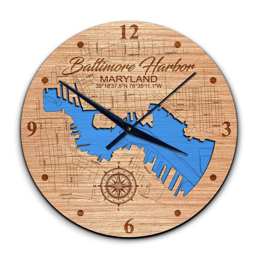 Baltimore Harbor Maryland 14in Layered Map Clock - Any Lake, Pond, or Reservoir - Unique Home Decor