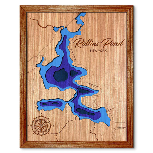 Rollins Pond, New York Depth Map - Any Lake, Pond, or Reservoir - Unique Home Decor, Wall Art