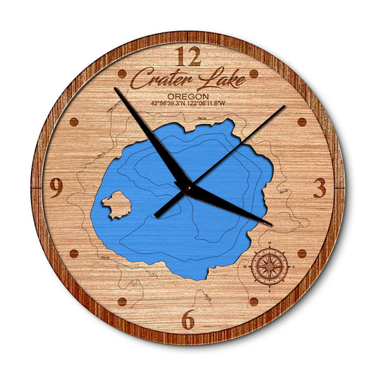 Crater Lake, Oregon 14in Layered Map Clock - Any Lake, Pond, or Reservoir - Unique Home Decor