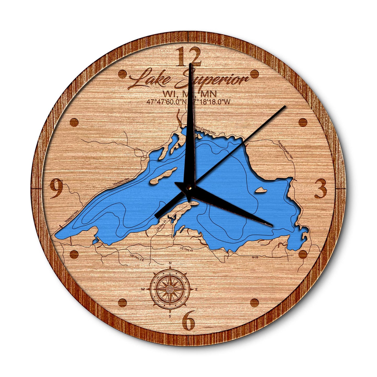 Lake Superior, WI, MI, MN 14in Layered Map Clock - Any Lake, Pond, or Reservoir - Unique Home Decor