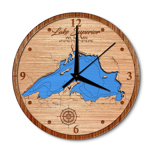 Lake Superior, WI, MI, MN 14in Layered Map Clock - Any Lake, Pond, or Reservoir - Unique Home Decor