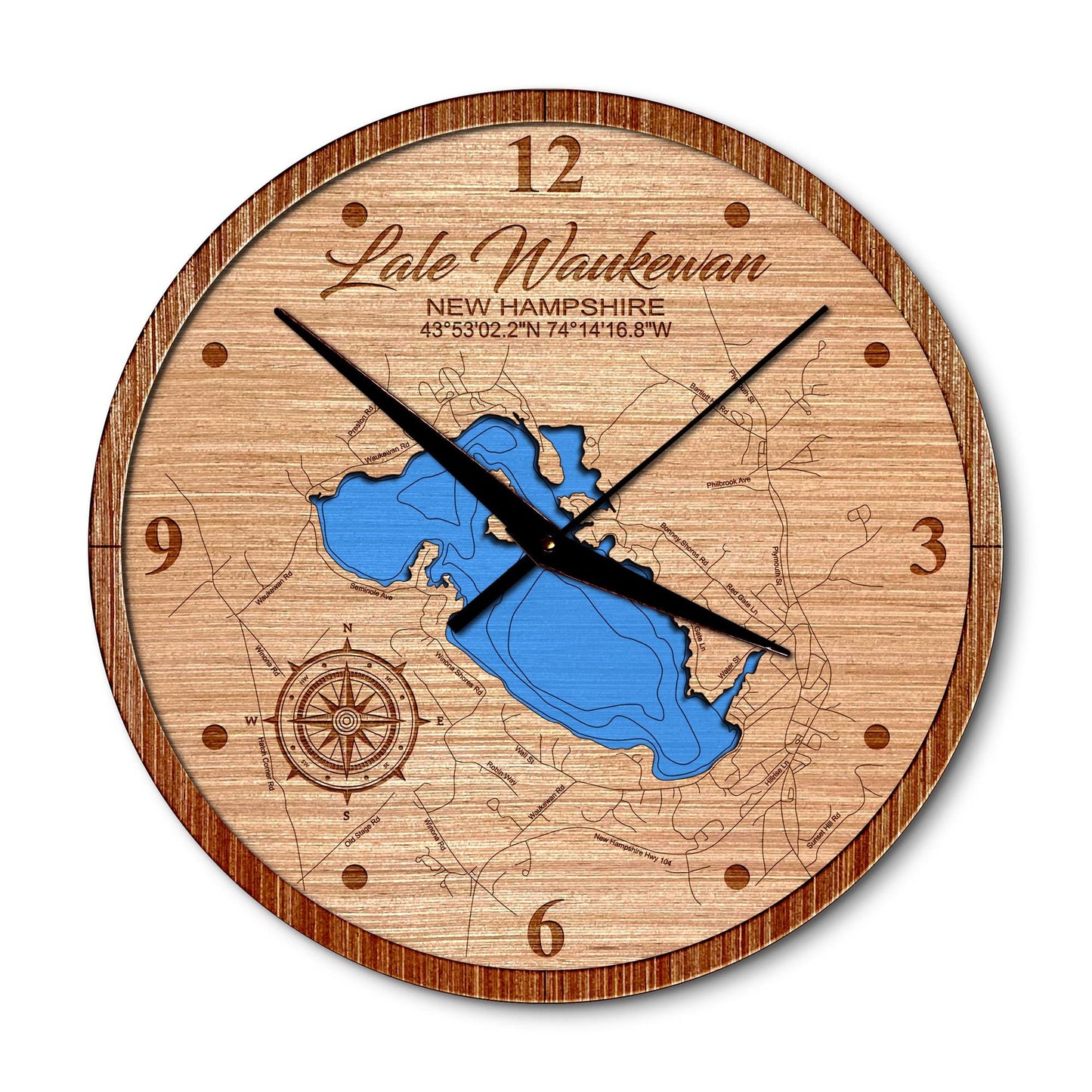 Lake Waukewan, New Hampshire 14in Layered Map Clock - Any Lake, Pond, or Reservoir - Unique Home Decor