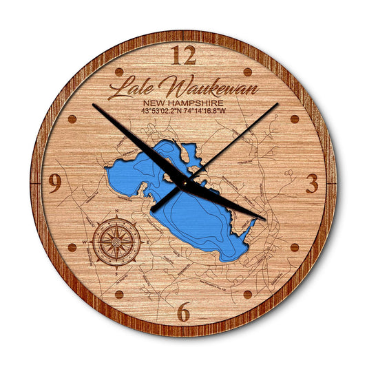 Lake Waukewan, New Hampshire 14in Layered Map Clock - Any Lake, Pond, or Reservoir - Unique Home Decor