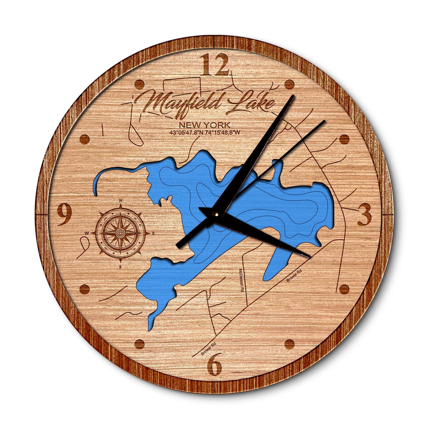 Mayfield Lake, New York 14in Layered Map Clock - Any Lake, Pond, or Reservoir - Unique Home Decor