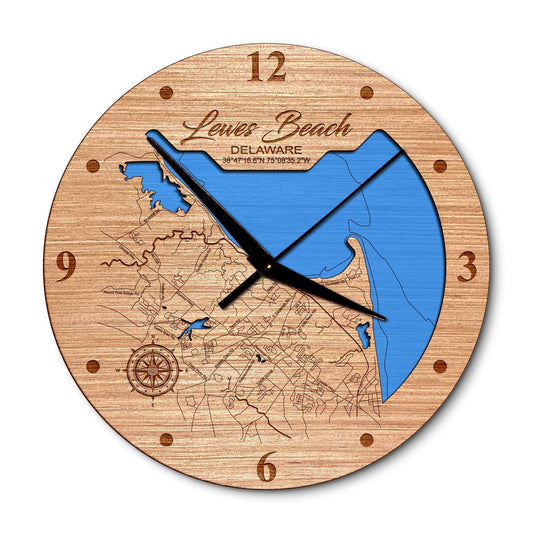 Lewes Beach Delaware 14in Layered Map Clock - Any Lake, Pond, or Reservoir - Unique Home Decor