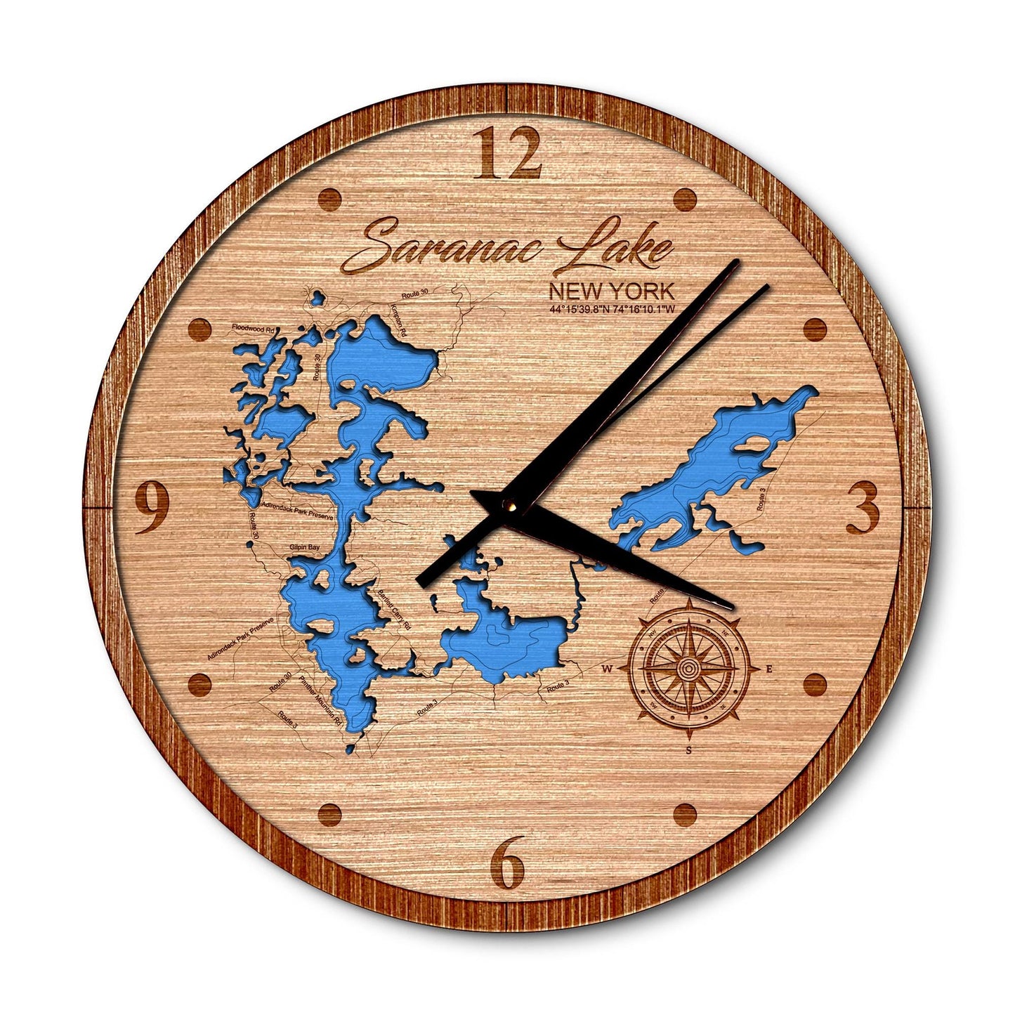 Saranac Lake New York New York 14in Layered Map Clock - Any Lake, Pond, or Reservoir - Unique Home Decor