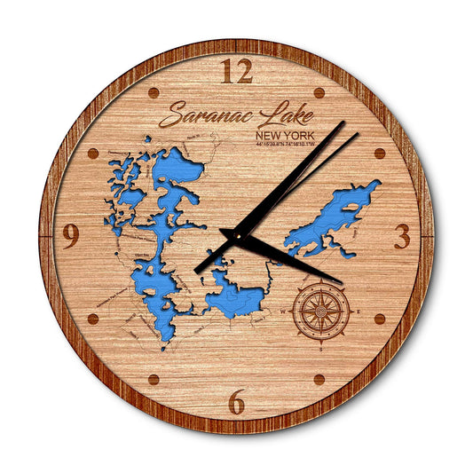 Saranac Lake New York New York 14in Layered Map Clock - Any Lake, Pond, or Reservoir - Unique Home Decor