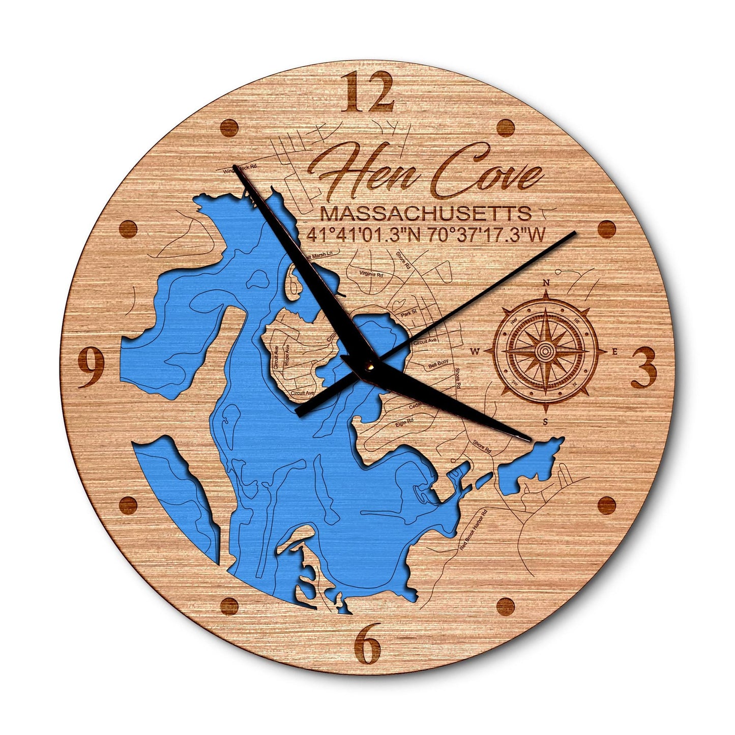 Hen Cove in Bourne, Massachusetts 14in Layered Map Clock - Any Lake, Pond, or Reservoir - Unique Home Decor