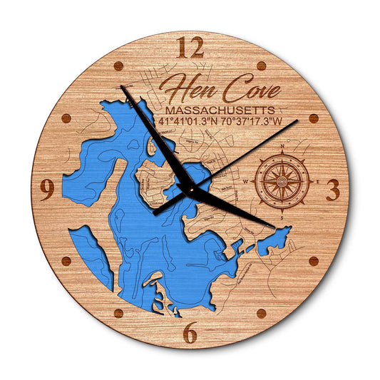 Hen Cove in Bourne, Massachusetts 14in Layered Map Clock - Any Lake, Pond, or Reservoir - Unique Home Decor