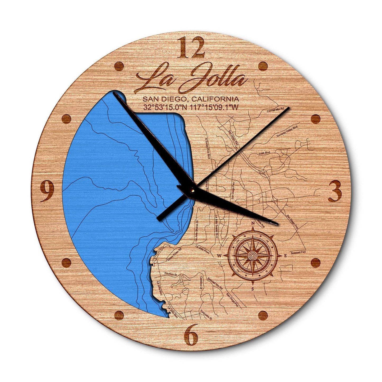 La Jolla San Diego, California 14in Layered Map Clock - Any Lake, Pond, or Reservoir - Unique Home Decor