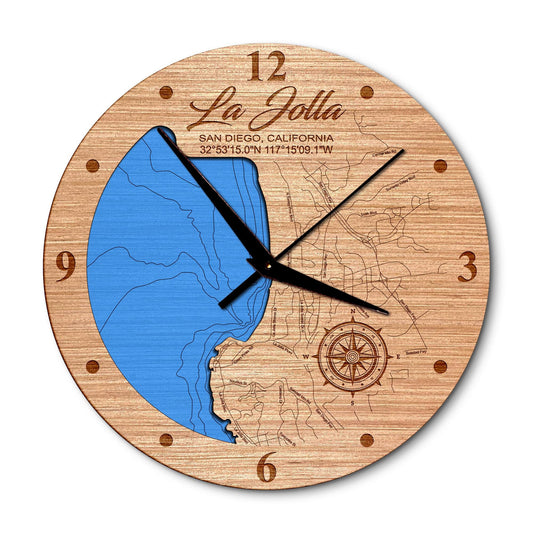 La Jolla San Diego, California 14in Layered Map Clock - Any Lake, Pond, or Reservoir - Unique Home Decor