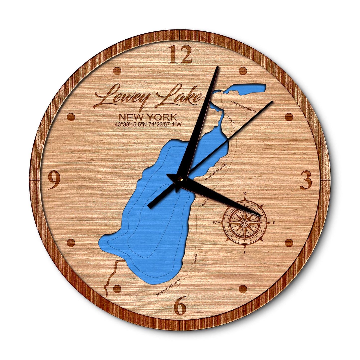 Lewey lake New York 14in Layered Map Clock - Any Lake, Pond, or Reservoir - Unique Home Decor
