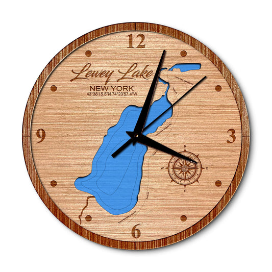 Lewey lake New York 14in Layered Map Clock - Any Lake, Pond, or Reservoir - Unique Home Decor