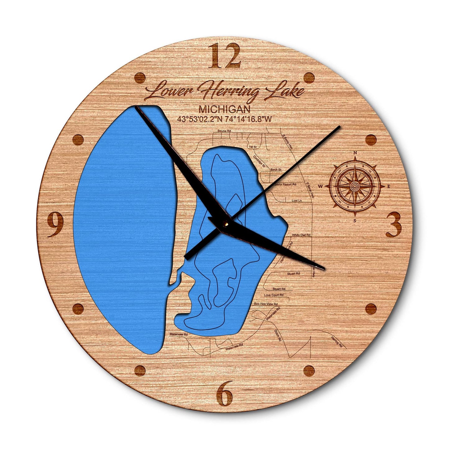 Lower Herring Lake, Michigan 14in Layered Map Clock - Any Lake, Pond, or Reservoir - Unique Home Decor