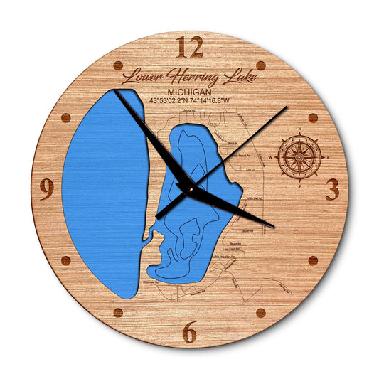 Lower Herring Lake, Michigan 14in Layered Map Clock - Any Lake, Pond, or Reservoir - Unique Home Decor