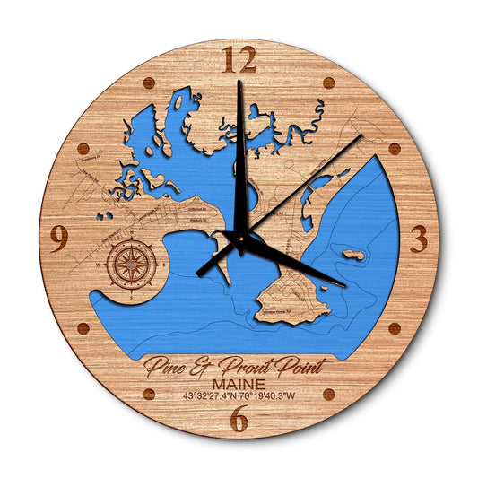 Pine & Prout Point Maine Layered 14in Layered Map Clock - Any Lake, Pond, or Reservoir - Unique Home Decor