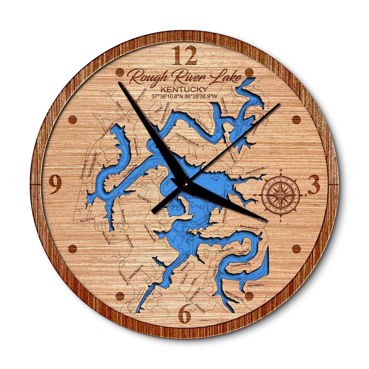 Rough River Lake Kentucky 14in Layered Map Clock - Any Lake, Pond, or Reservoir - Unique Home Decor