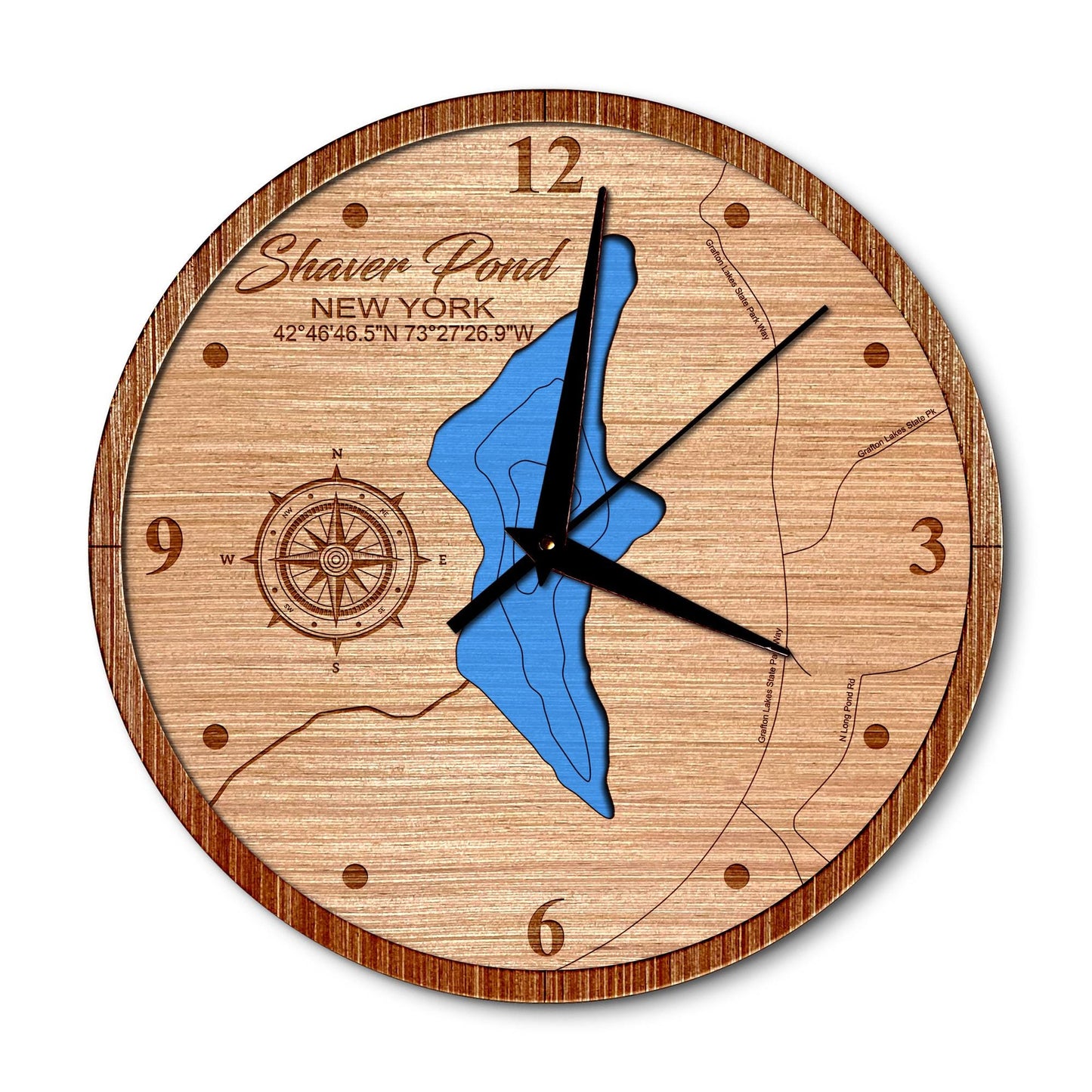 Shaver Pond in Grafton, New York 14in Layered Map Clock - Any Lake, Pond, or Reservoir - Unique Home Decor