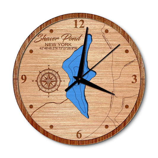 Shaver Pond in Grafton, New York 14in Layered Map Clock - Any Lake, Pond, or Reservoir - Unique Home Decor