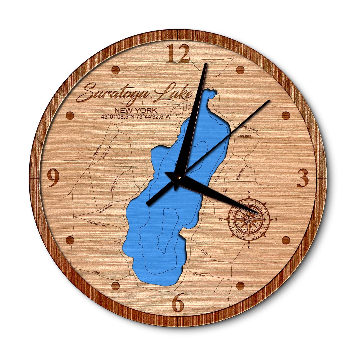 Saratoga Lake New York 14in Layered Map Clock - Any Lake, Pond, or Reservoir - Unique Home Decor