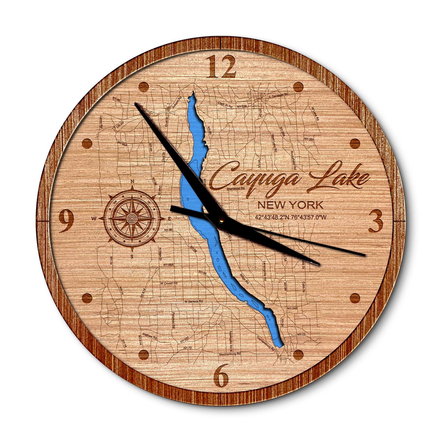 Cayuga Lake, New York 14in Layered Map Clock - Any Lake, Pond, or Reservoir - Unique Home Decor