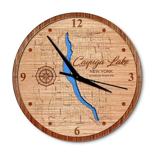 Cayuga Lake, New York 14in Layered Map Clock - Any Lake, Pond, or Reservoir - Unique Home Decor
