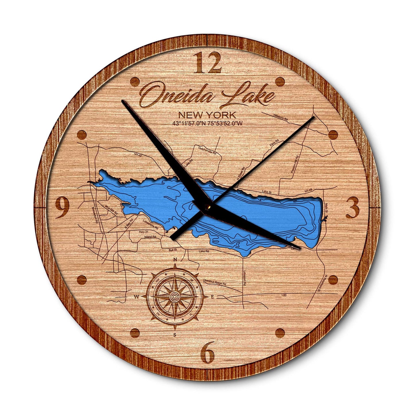 Oneida Lake New York 14in Layered Map Clock - Any Lake, Pond, or Reservoir - Unique Home Decor