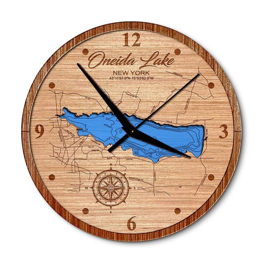 Oneida Lake New York 14in Layered Map Clock - Any Lake, Pond, or Reservoir - Unique Home Decor
