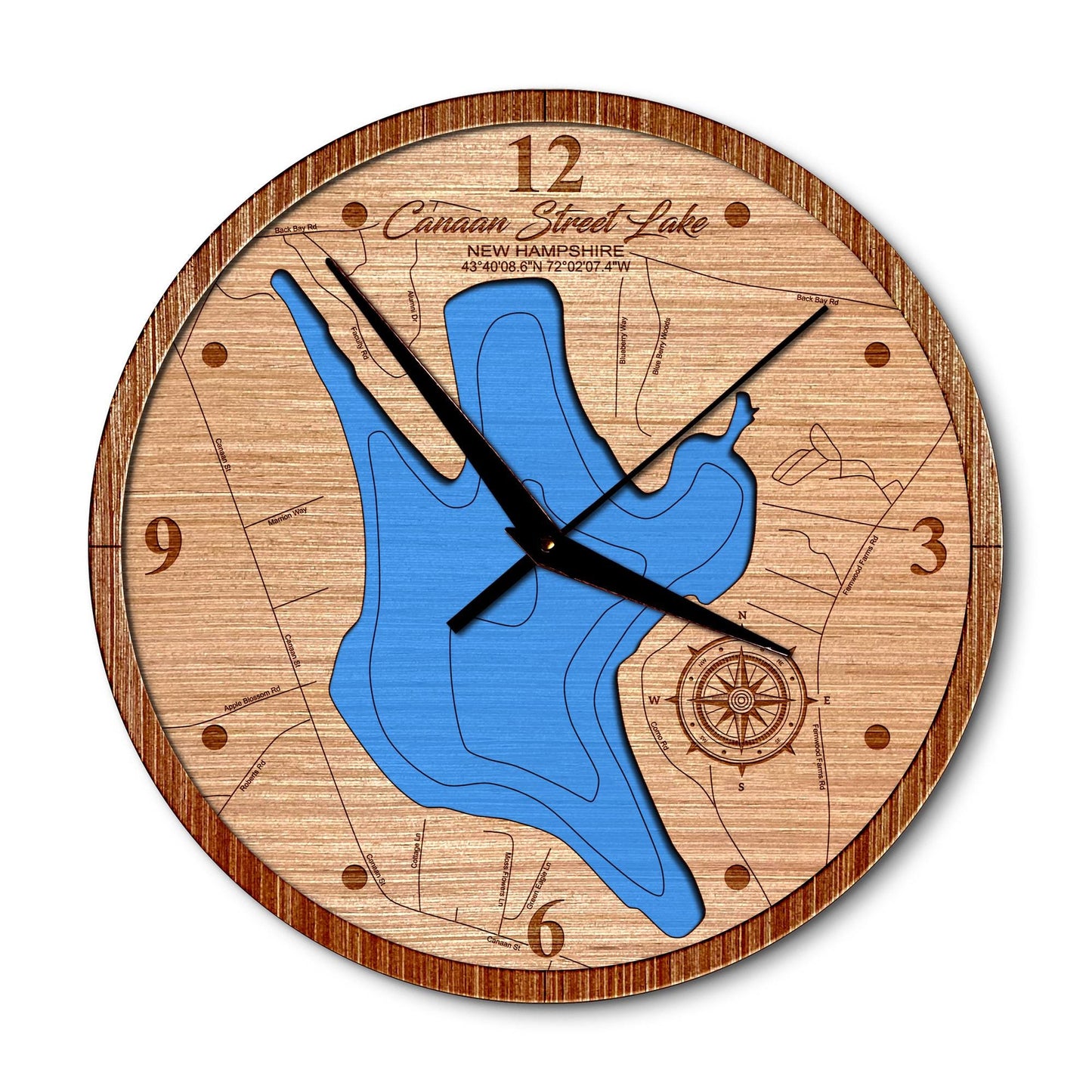 Canaan Street Lake, New Hampshire 14in Layered Map Clock - Any Lake, Pond, or Reservoir - Unique Home Decor