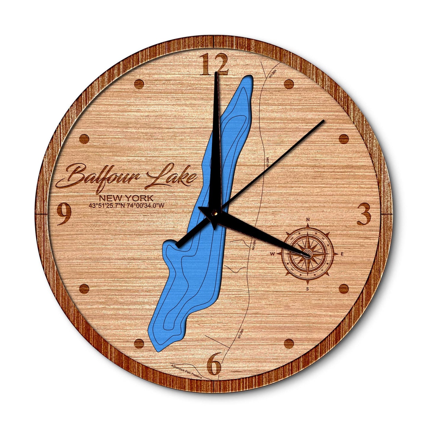 Balfour Lake, New York 14in Layered Map Clock - Any Lake, Pond, or Reservoir - Unique Home Decor