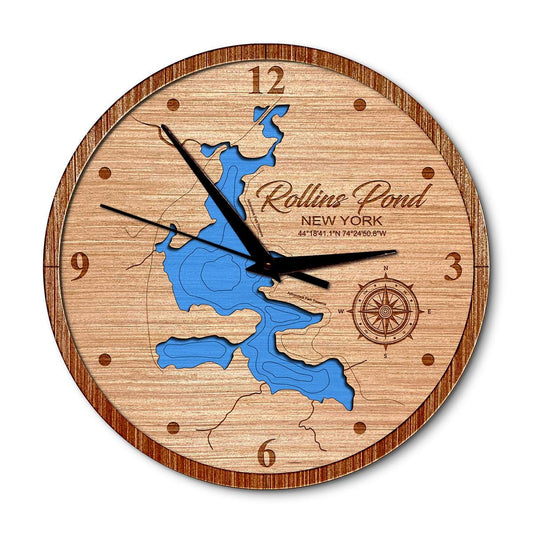 Rollins Pond in Franklin, New York Layered Map Clock - Any Lake, Pond, or Reservoir - Unique Home Decor