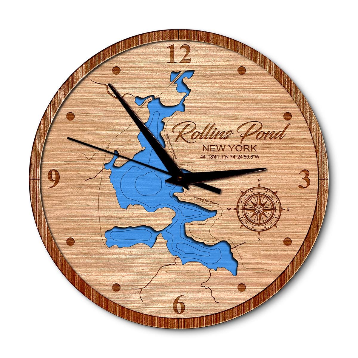 Rollins Pond in Franklin, New York 14in Layered Map Clock - Any Lake, Pond, or Reservoir - Unique Home Decor