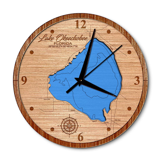 Lake Okeechobee, Florida 14in Layered Map Clock - Any Lake, Pond, or Reservoir - Unique Home Decor