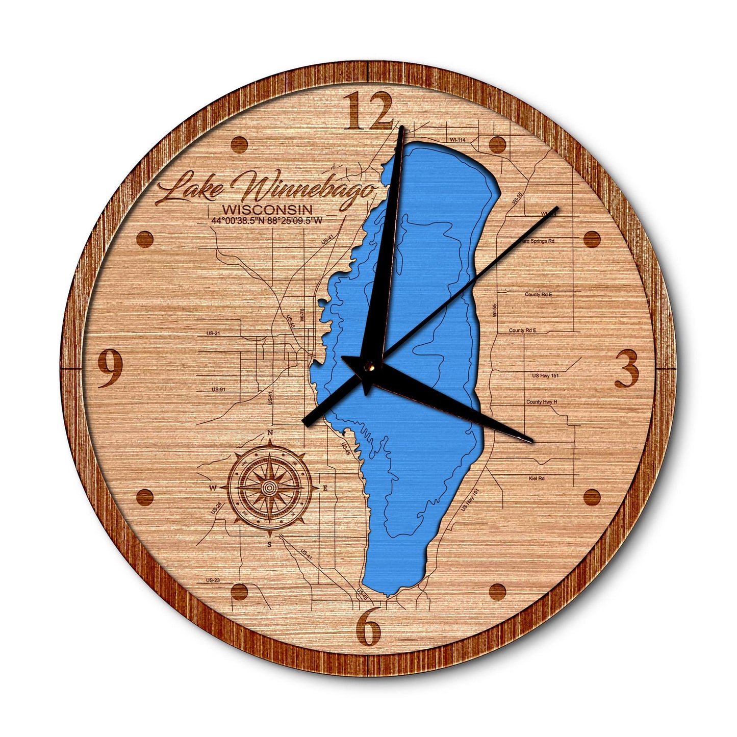Lake Winnebago, Wisconsin 14in Layered Map Clock - Any Lake, Pond, or Reservoir - Unique Home Decor