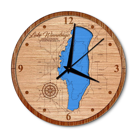 Lake Winnebago, Wisconsin 14in Layered Map Clock - Any Lake, Pond, or Reservoir - Unique Home Decor
