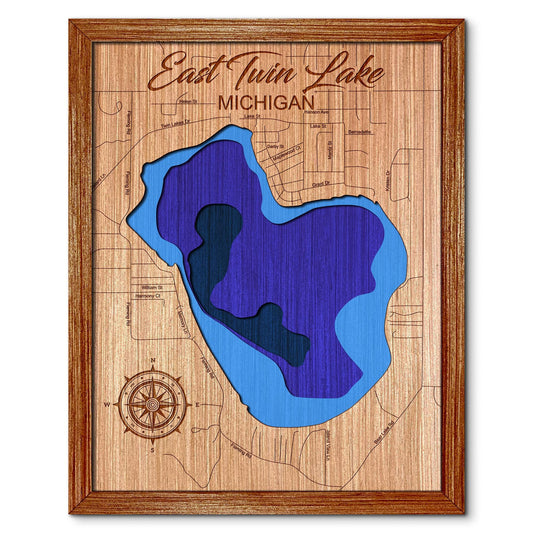East Twin Lake, Lewiston Michigan Depth Map - Any Lake, Pond, or Reservoir - Unique Home Decor, Wall Art