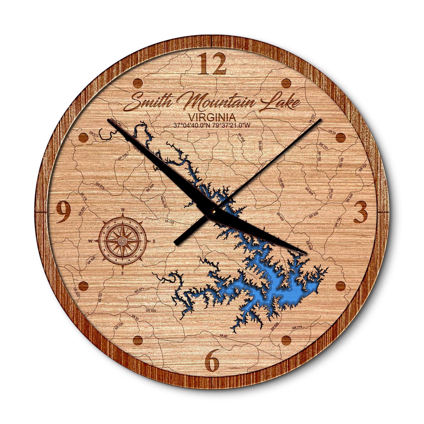 Smith Mountain Lake, Virginia 14in Layered Map Clock - Any Lake, Pond, or Reservoir - Unique Home Decor