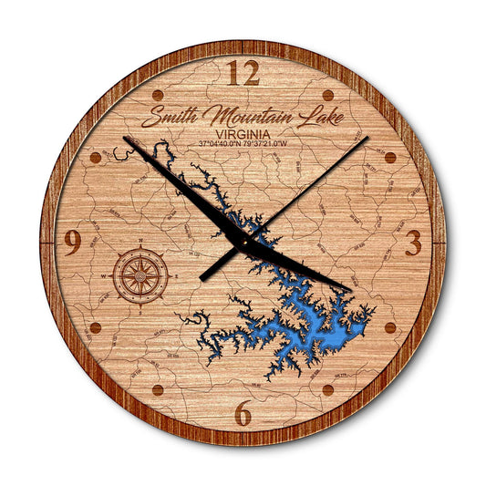 Smith Mountain Lake, Virginia 14in Layered Map Clock - Any Lake, Pond, or Reservoir - Unique Home Decor