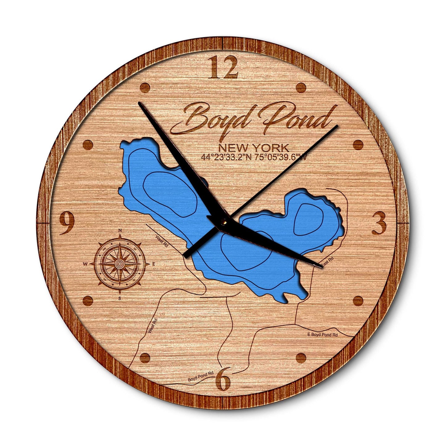 Boyd Pond in Russel, New York 14in Layered Map Clock - Any Lake, Pond, or Reservoir - Unique Home Decor