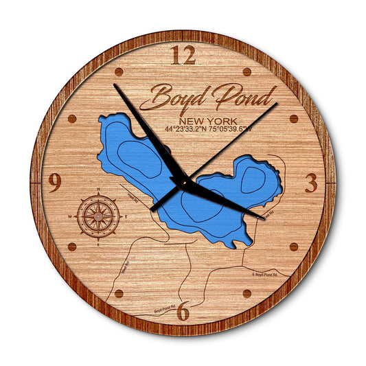 Boyd Pond in Russel, New York 14in Layered Map Clock - Any Lake, Pond, or Reservoir - Unique Home Decor