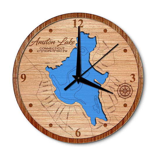Amston Lake, Connecticut 14in Layered Map Clock - Any Lake, Pond, or Reservoir - Unique Home Decor
