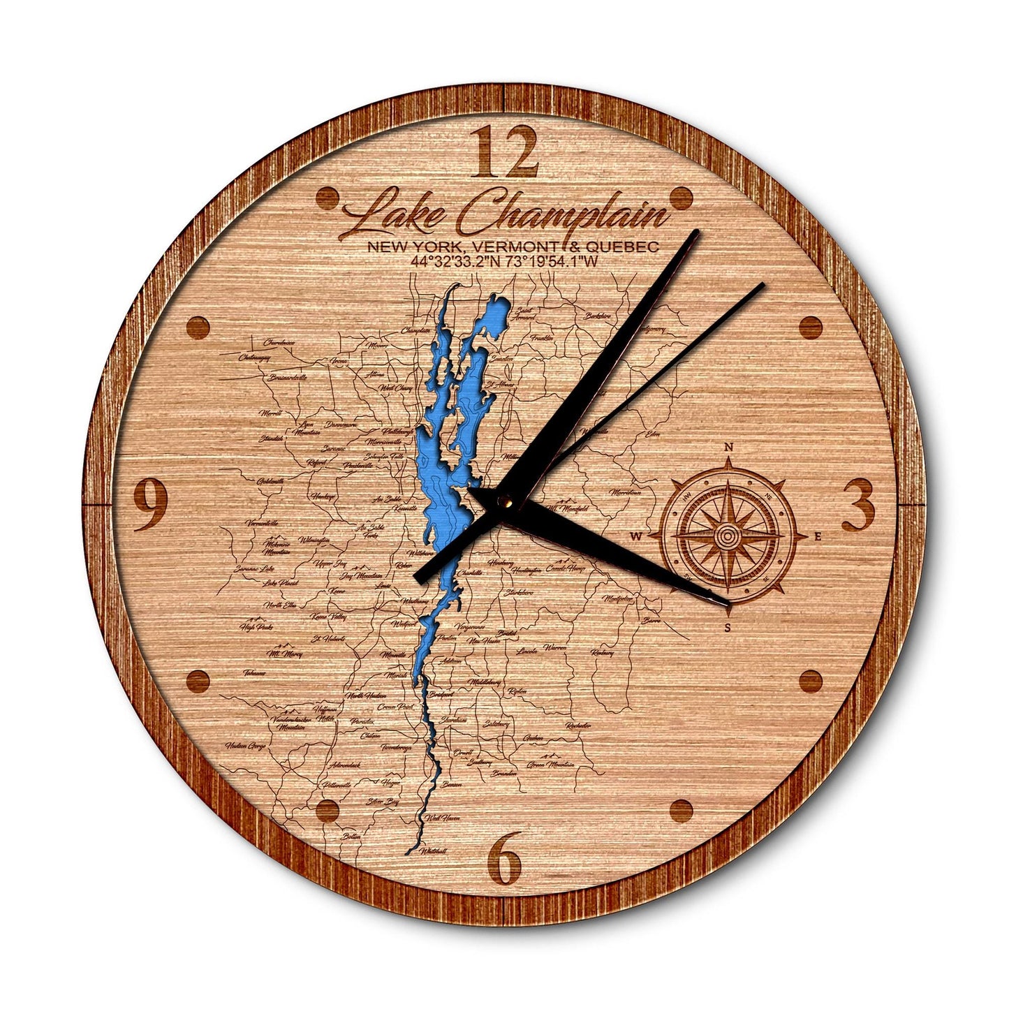 Lake Champlain, New York 14in Layered Map Clock - Any Lake, Pond, or Reservoir - Unique Home Decor