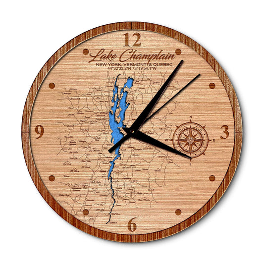 Lake Champlain, New York 14in Layered Map Clock - Any Lake, Pond, or Reservoir - Unique Home Decor